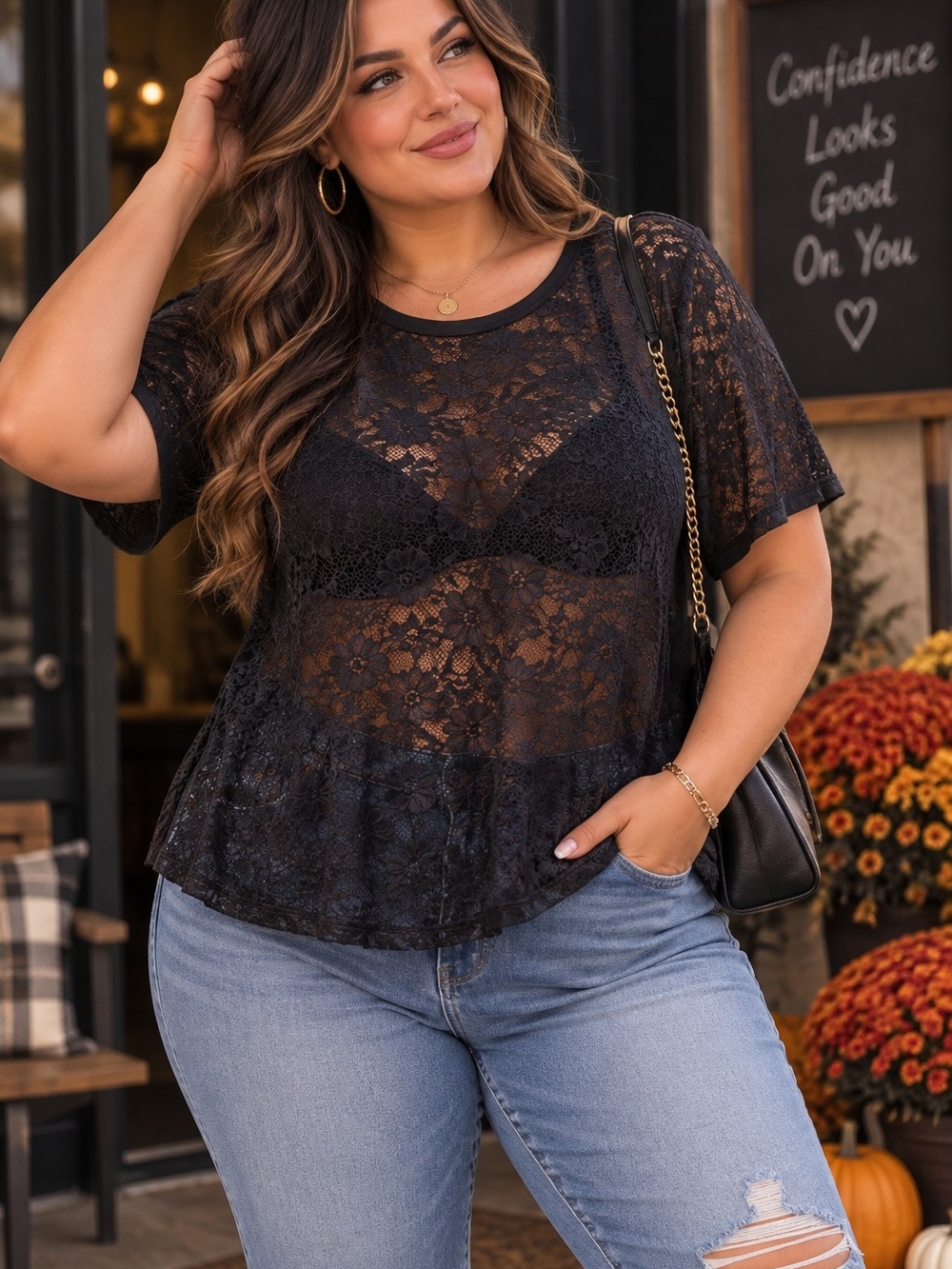 Black Lace Short Sleeve Top